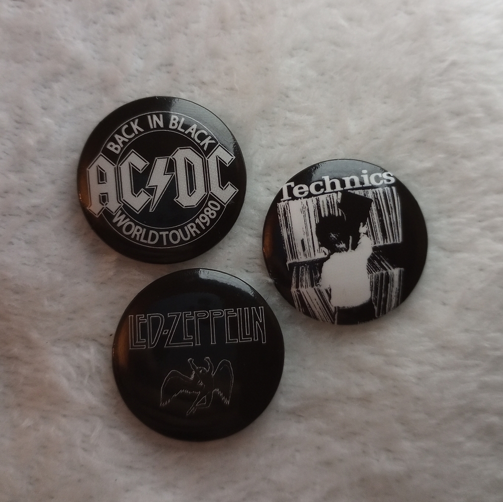 Band pins: ACDC, Led Zeppelin, and Technics